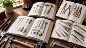 工具図鑑を開き、ドライバーやレンチなどの工具を写真で学べる本のイメージ
