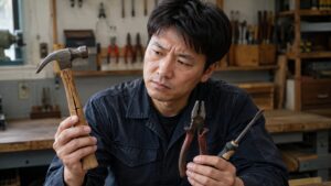 日本人作業者が割れたハンマーの木柄や傷んだ工具グリップを点検している様子