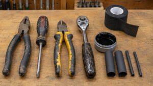 劣化した工具グリップとグリップテープ、液体ゴム、熱収縮チューブを作業台に並べた様子