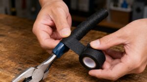 ペンチの持ち手に黒いグリップテープを重ねて巻き補修している手元