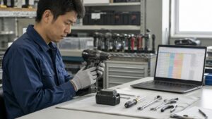 電動工具を点検しながらエクセル風の管理表で工具点検を行う日本人作業者