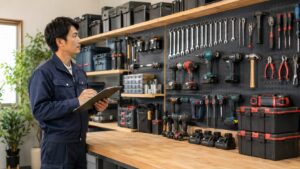 整然とした工具棚を確認しながら工具の在庫管理を行う日本人作業者