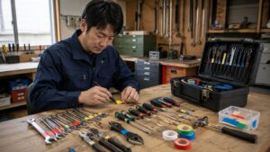 工具ステッカーと色分けラベルで工具を整理する日本人作業者
