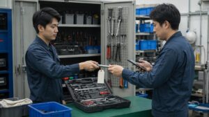 共用工具の貸出返却を記録して工具の紛失防止を行う日本人作業者