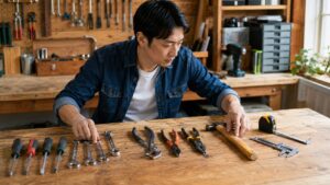 木工作業場で日本人男性が工具を並べながら名称と用途を確認している様子
