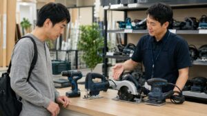 近くの工具レンタル店で貸し出し工具を確認する男性