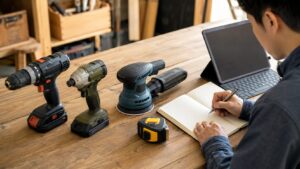 工具レビューの比較条件をノートに整理する日本人男性