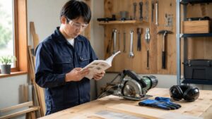 工具の使い方と安全対策を取扱説明書で確認する日本人男性