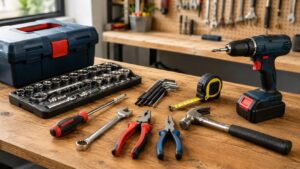 工具用語の理解に役立つ基本工具と電動工具が作業台に並ぶ様子
