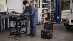 工具ワゴンと工具キャリーケースを使い分ける整備作業員