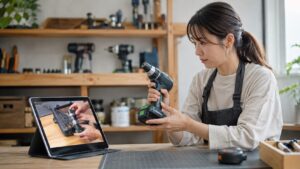 工具YouTubeを見ながら電動ドリルの使い方を確認する日本人女性