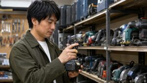 中古工具店で電動工具の状態を確認する日本人男性