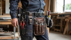 ニックス風の腰道具を装着した職人の工具差しと革製腰袋