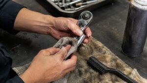 ラチェットレンチの油汚れをウエスで拭き取る工具掃除の手元