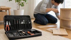 家具を組み立てる日本人男性と家庭用工具セットの使用イメージ