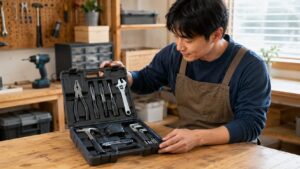 WORKPRO工具セットを確認する日本人男性と家庭用工具が並ぶ作業場