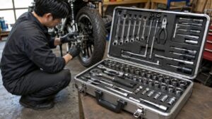 バイク整備に使うソケットレンチや工具セットを開いたガレージ作業風景
