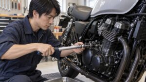 バイクのエンジン周辺をトルクレンチで丁寧に整備する日本人男性