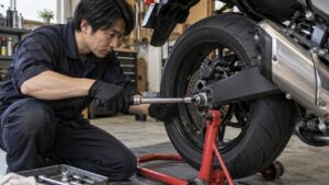 リアアクスル周辺をトルクレンチで締め付けるバイク整備作業