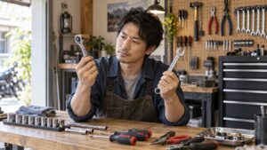 ラチェットとレンチを比較して工具を選ぶ男性