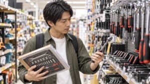 工具店でラチェットと工具セットを比較する男性