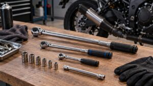 サイズの異なるトルクレンチとソケットを並べたバイク整備用工具